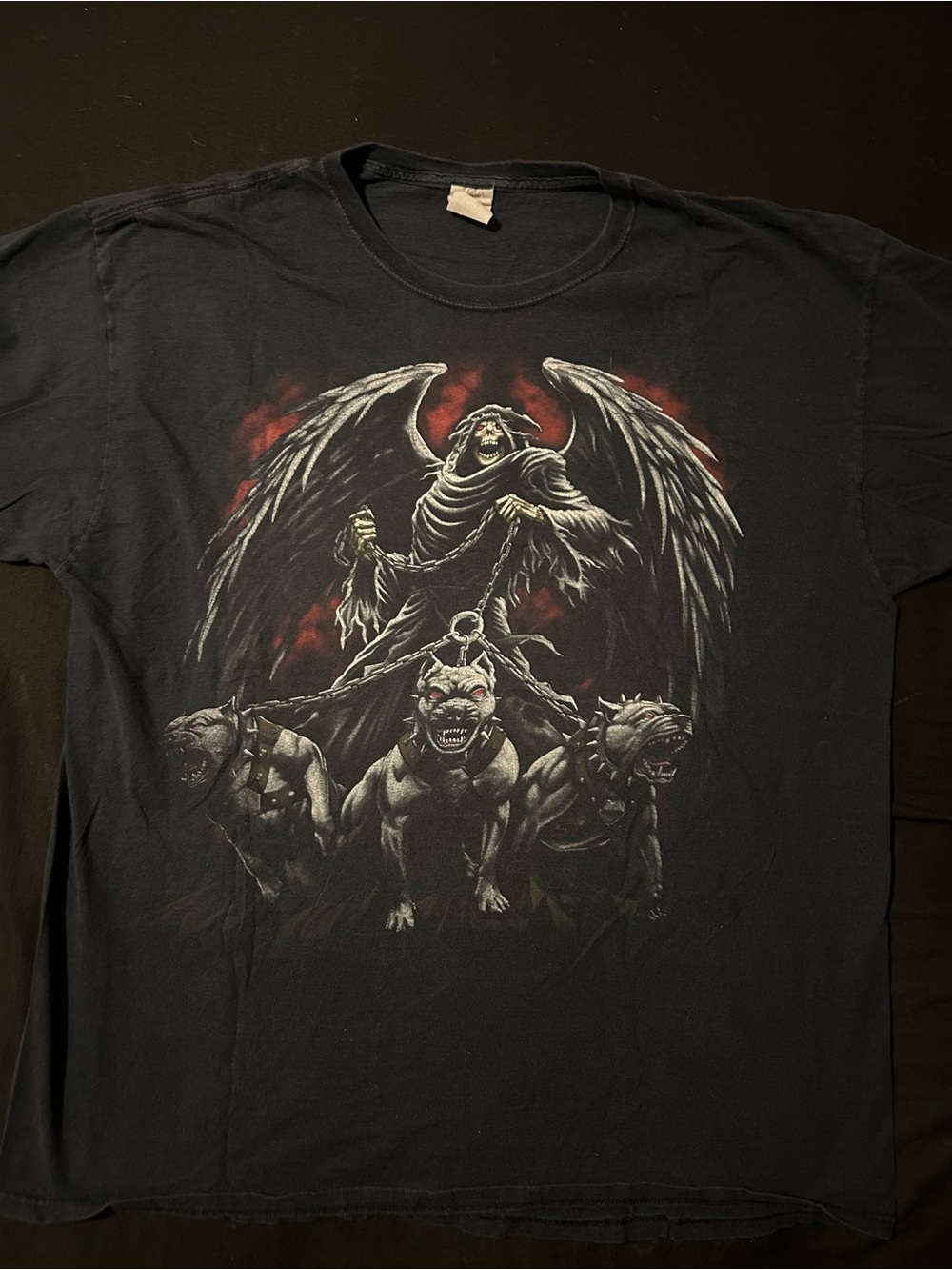 Men's Black Graphic Tee with Dark Angel and Hounds